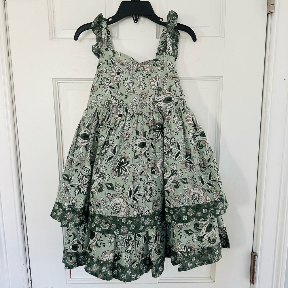 NWT Joie Girls Green Floral Sundress w Layered Ruffles 100% Cotton